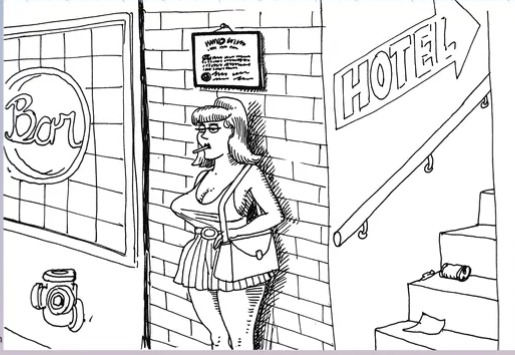 A black-and-white cartoon shows a curvy woman in a short skirt and low-cut top leaning against a brick wall near a hotel entrance. A sign on the wall reads 'Bar' and there is a camera icon on the exterior wall.
