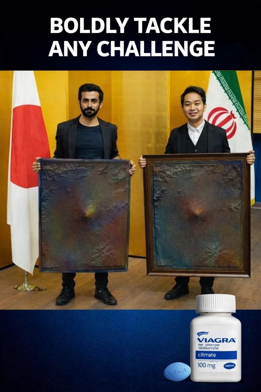 BOLDLY TACKLE ANY CHALLENGE
Two men stand holding framed abstract paintings in a formal setting (flags behind them). A Viagra advertisement appears at the bottom with a white bottle labeled VIAGRA, citrate, 100 mg.