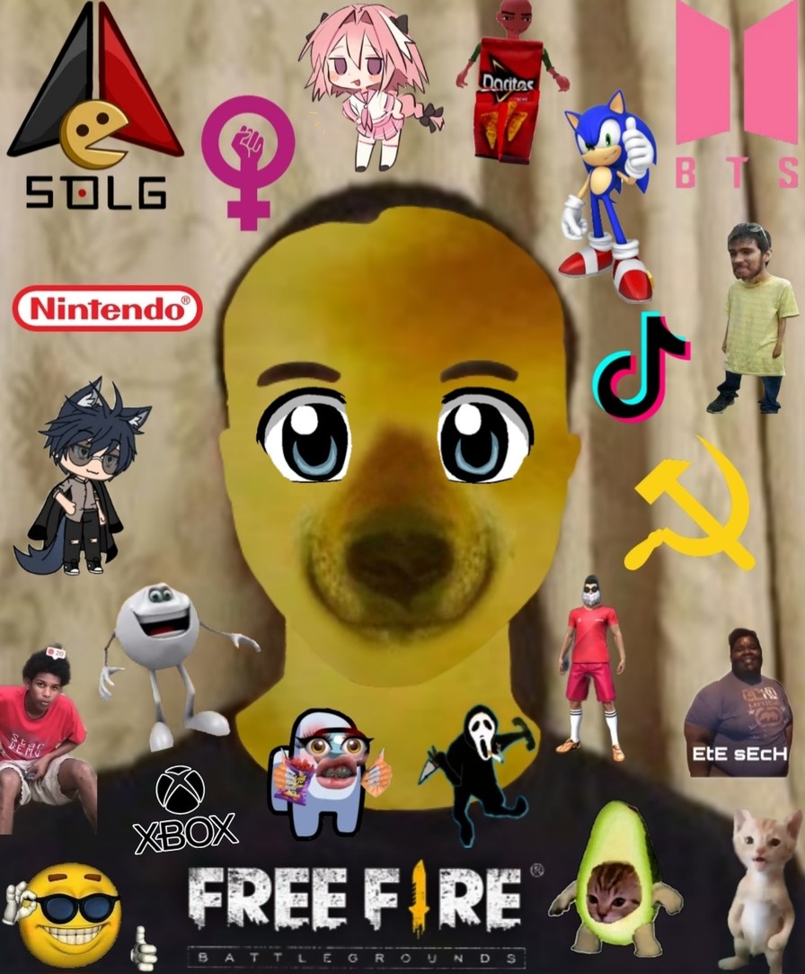  collage of various logos and characters: SOLG (or similar), female symbol, Doritos logo, Nintendo logo, Sonic the Hedgehog character, BTS logo, a large central yellow face emoji, Xbox logo, Free Fire battle royale text, cartoon doge-like face, anime-style characters, a hammer and sickle symbol, colorful stickers, and several random people or avata