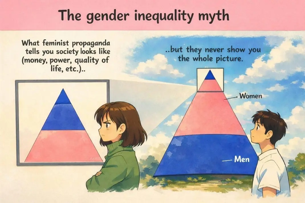 The gender inequality myth

What feminist propaganda tells you society looks like (money, power, quality of life, etc.).

...but they never show you the whole picture.

Women
Men