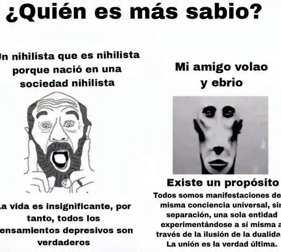 ¿Quién es más sabio?
Un nihilista que es nihilista porque nació en una sociedad nihilista
la vida es insignificante, por tanto, todos los pensamientos depresivos son verdaderos

Mi amigo volao y ebri o
Existe un propósito
Todos somos manifestaciones de la misma conciencia universal, sin separación, una sola esencia, experimentándose a sí misma a tr