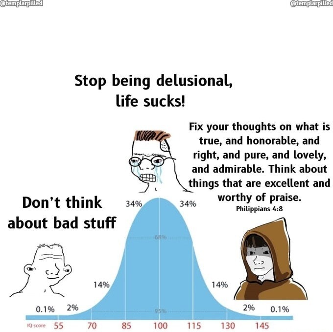 Stop being delusional, life sucks!
Don't think about bad stuff
Fix your thoughts on what is true, and honorable, and right, and pure, and lovely, and admirable. Think about things that are excellent and worthy of praise.
Philippians 4:8