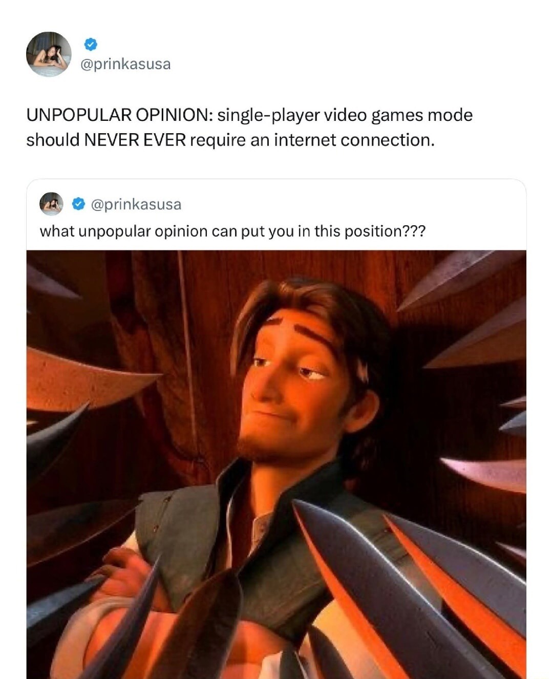 UNPOPULAR OPINION: single-player video games mode should NEVER EVER require an internet connection.

what unpopular opinion can put you in this position???