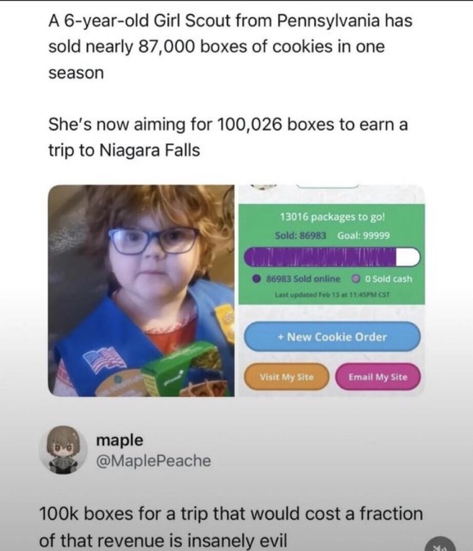 A 6-year-old Girl Scout from Pennsylvania has sold nearly 87,000 boxes of cookies in one season She's now aiming for 100,026 boxes to earn a trip to Niagara Falls

13016 packages to go! Sold: 80993 Goal: 99999

— New Cookie Order — Visit My Site — Email My Site

maple @MaplePeache

100k boxes for a trip that would cost a fraction of that revenue is