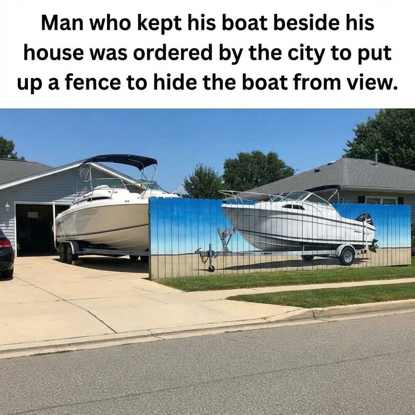 Man who kept his boat beside his house was ordered by the city to put up a fence to hide the boat from view.