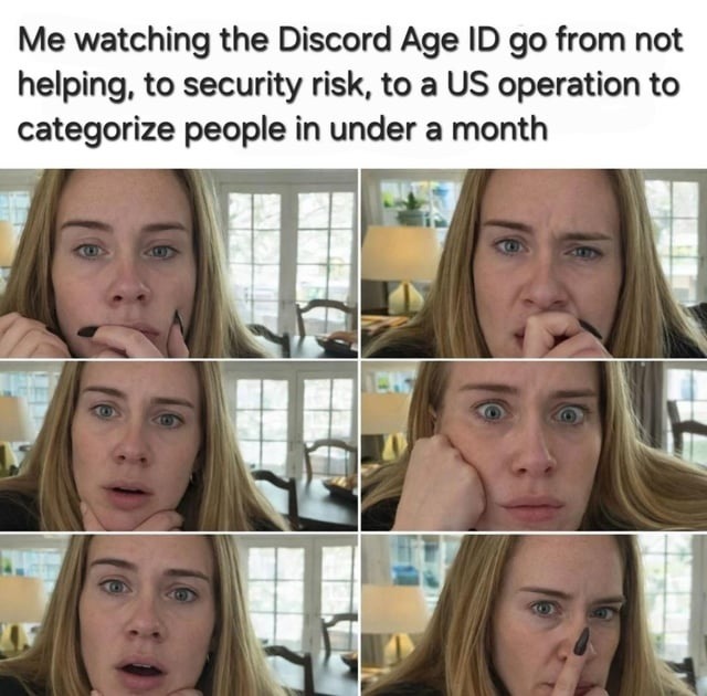 Me watching the Discord Age ID go from not helping, to security risk, to a US operation to categorize people in under a month