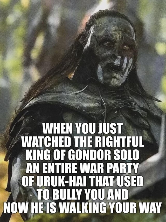 WHEN YOU JUST WATCHED THE RIGHTFUL KING OF GONDOR SOLO AN ENTIRE WAR PARTY OF URUK-HAI THAT USED TO BULLY YOU AND NOW HE IS WALKING YOUR WAY