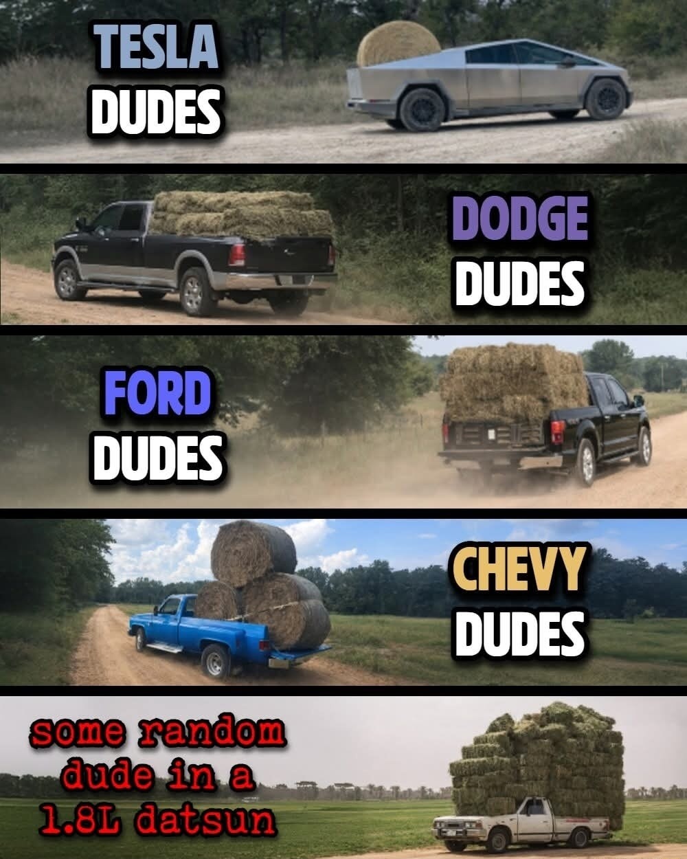 TESLA DUDES
DODGE DUDES
FORD DUDES
CHEVY DUDES
some random dude in a 1.8L datsun