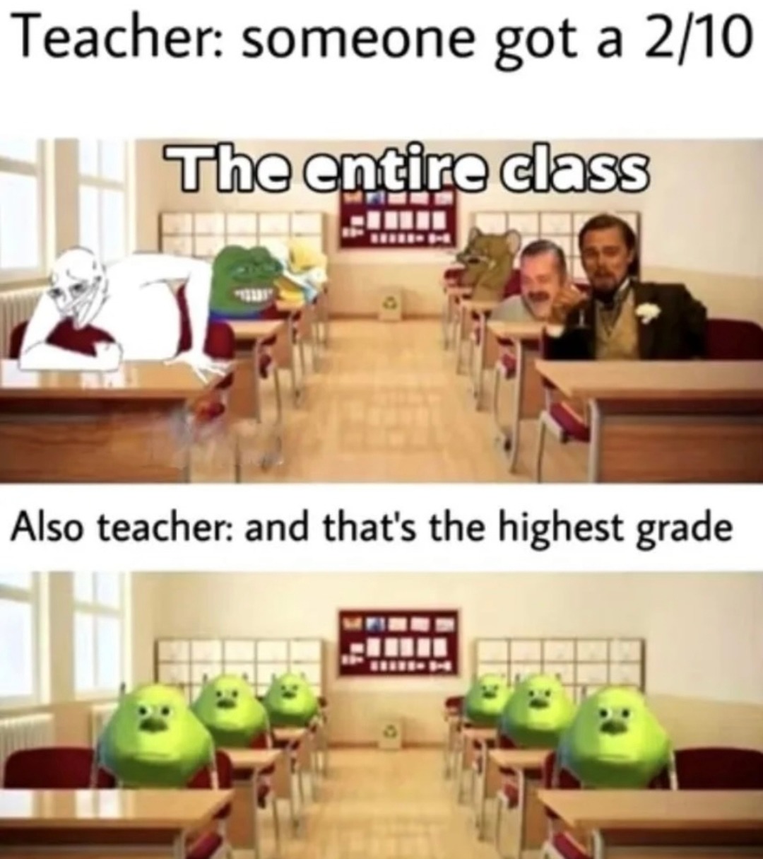 Teacher: someone got a 2/10 The entire class Also teacher: and that's the highest grade