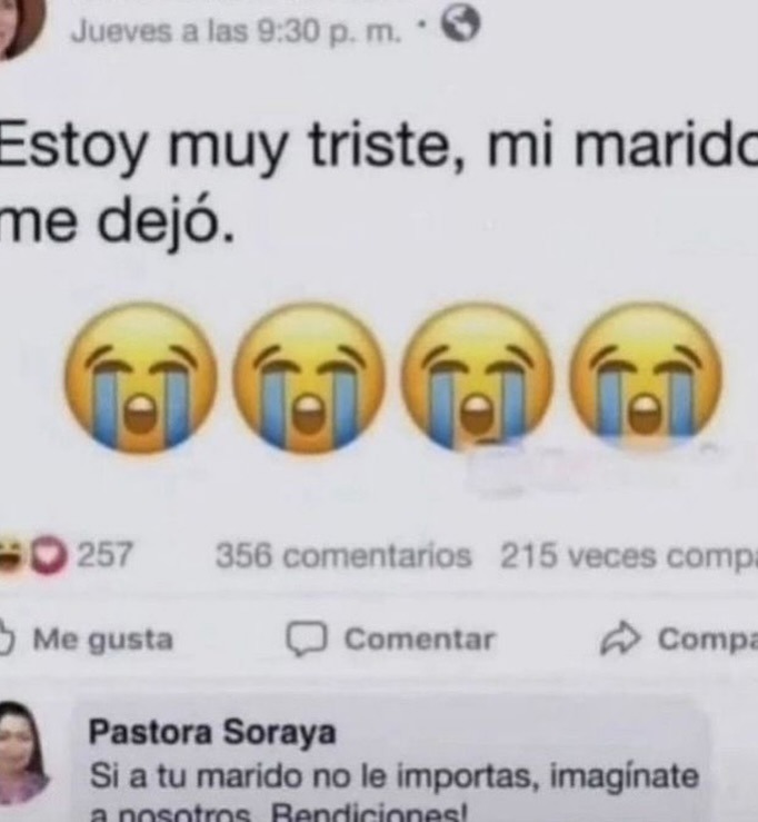 Jueves a las 9:30 p. m. Estoy muy triste, mi marido me dejó. 😭😭😭😭