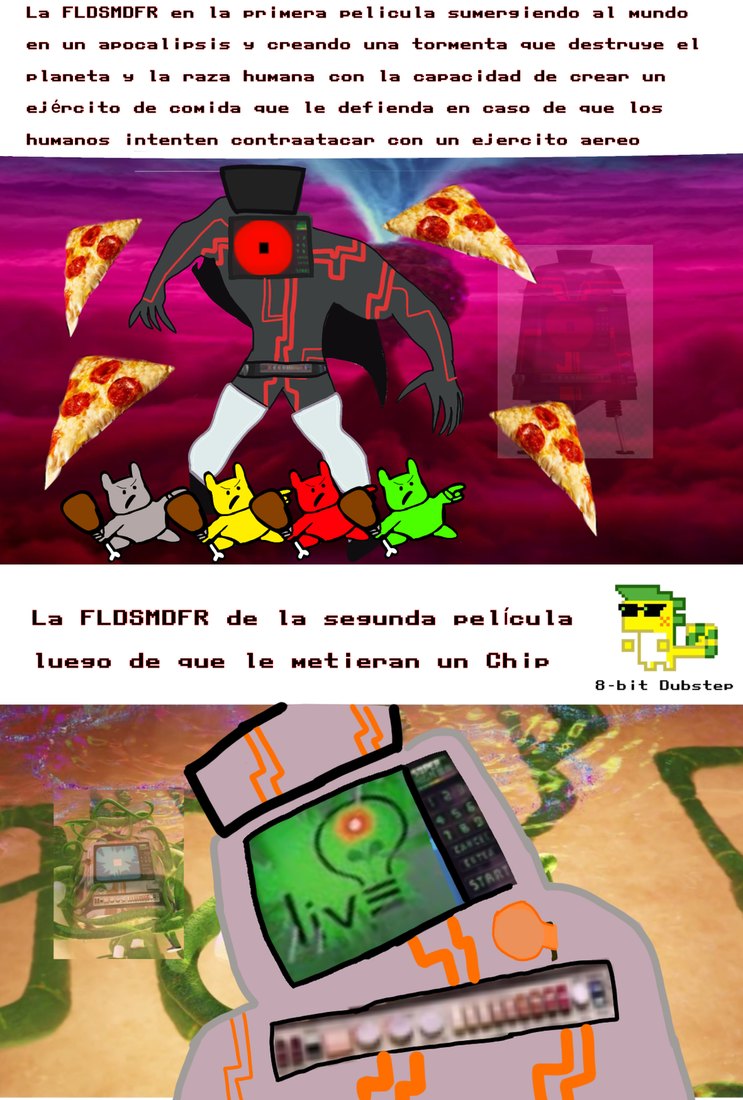 La FLOSDMDFR en la primera pelicula sumergiendo al mundo en un apocalipsis y creando una tormenta que destruye el planeta y la raza humana con la capacidad de orrear un ejercito de comida que le defienda en caso de que los humanos intente contratae con un ejercito aereo
La FLOSDMFR de la segunda pelicula luego de que le metieran un Chip