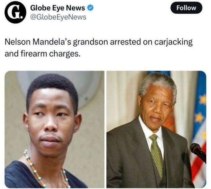 Nelson Mandela's grandson arrested on carjacking and firearm charges.