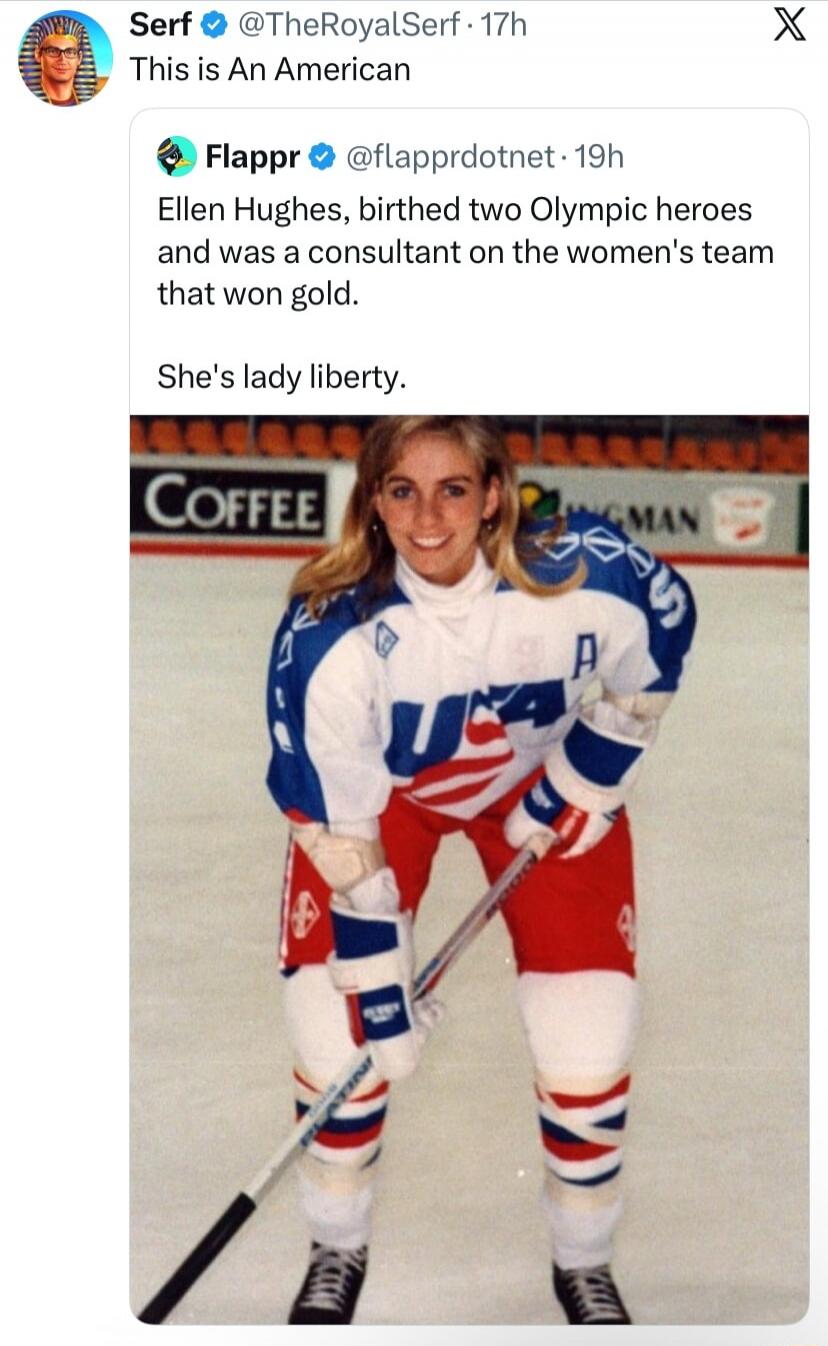 This is An American
Ellen Hughes, birthed two Olympic heroes and was a consultant on the women's team that won gold.
She's lady liberty.