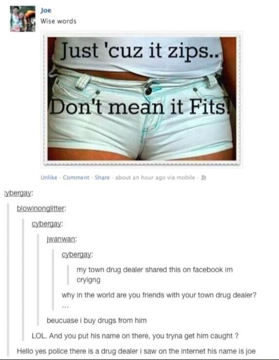 Just 'cuz it zips..\nDon't mean it Fits\n\nmy town drug dealer shared this on facebook im cryin\nwhy in the world are you friends with your town drug dealer?\nbecuase i buy drugs from him\nLOL. And you put his name on there, you tryna get him caught ?\nHello yes police there is a drug dealer I saw on the internet his name is joe