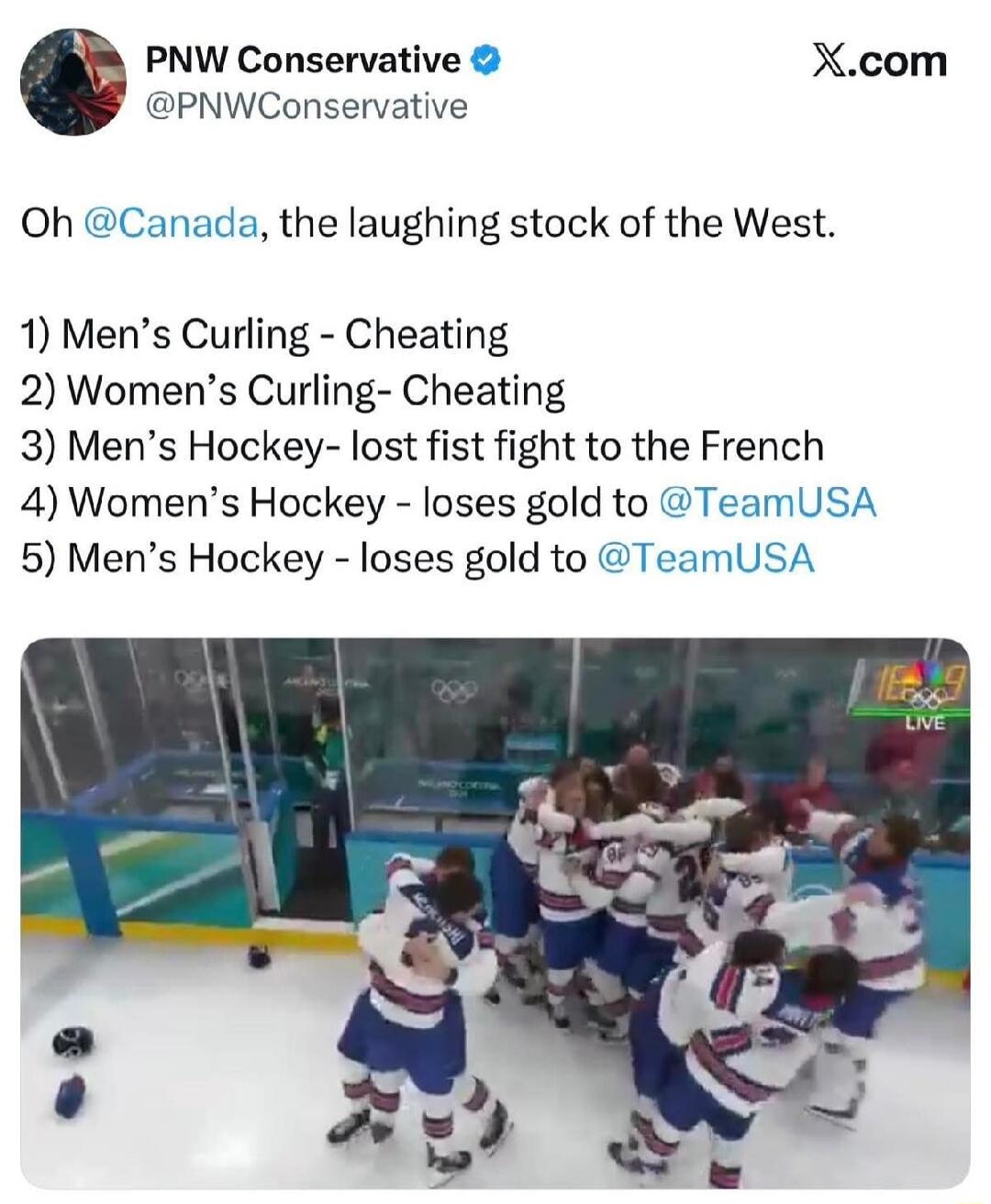 Oh @Canada, the laughing stock of the West. 1) Men’s Curling - Cheating 2) Women’s Curling- Cheating 3) Men’s Hockey- lost fist fight to the French 4) Women’s Hockey - loses gold to @TeamUSA 5) Men’s Hockey - loses gold to @TeamUSA
