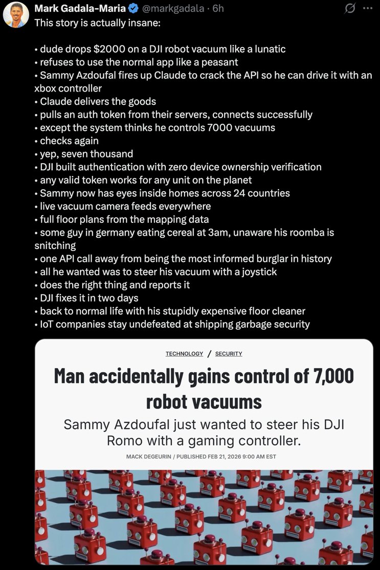 This story is actually insane:
• dude drops $2000 on a DJI robot vacuum like a lunatic
• refuses to use the normal app like a peasant
• Sammy AzdoIfoul fires up Claude to crack the API so he can drive it with an Xbox controller
• Claude delivers the goods
• pulls an auth token from their servers, connects successfully
• except the system thinks he 