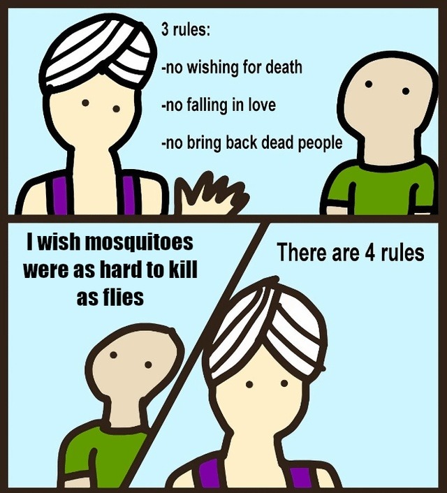 3 rules:
- no wishing for death
- no falling in love
- no bring back dead people

I wish mosquitoes were as hard to kill as flies
There are 4 rules