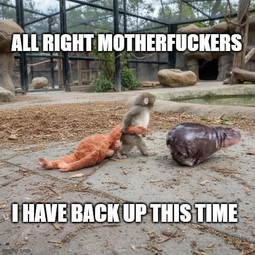 ALL RIGHT MOTHERFUCKERS I HAVE BACK UP THIS TIME