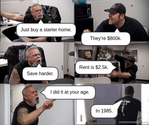 Just buy a starter home. They’re $800k. Save harder. Rent is $2.5k. I did it at your age. In 1985.