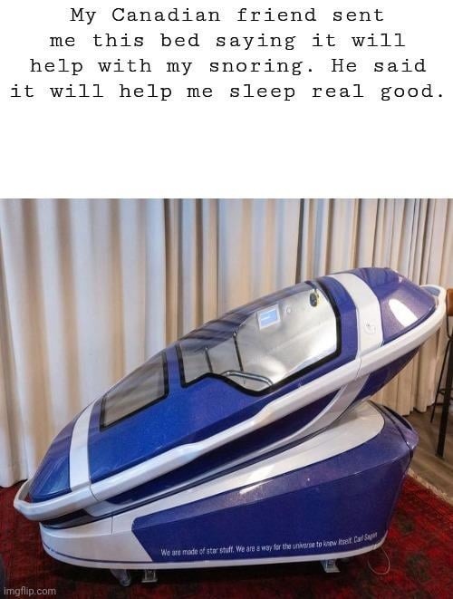 My Canadian friend sent me this bed saying it will help with my snoring. He said it will help me sleep real good.