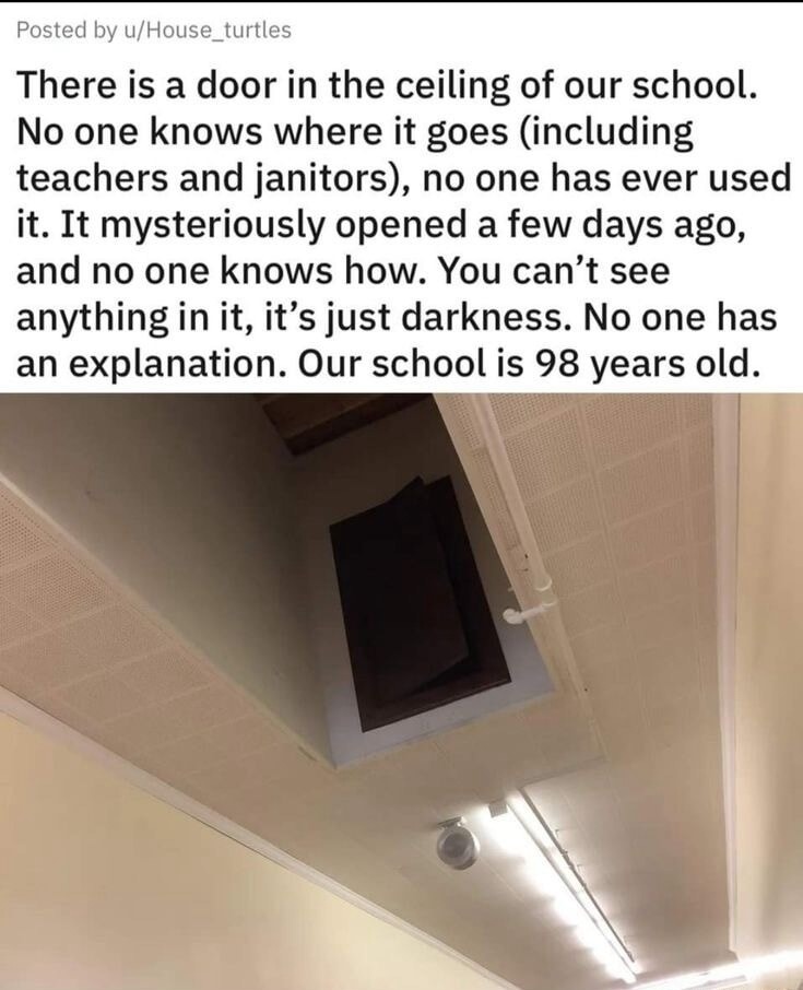There is a door in the ceiling of our school. No one knows where it goes (including teachers and janitors), no one has ever used it. It mysteriously opened a few days ago, and no one knows how. You can’t see anything in it, it’s just darkness. No one has an explanation. Our school is 98 years old.