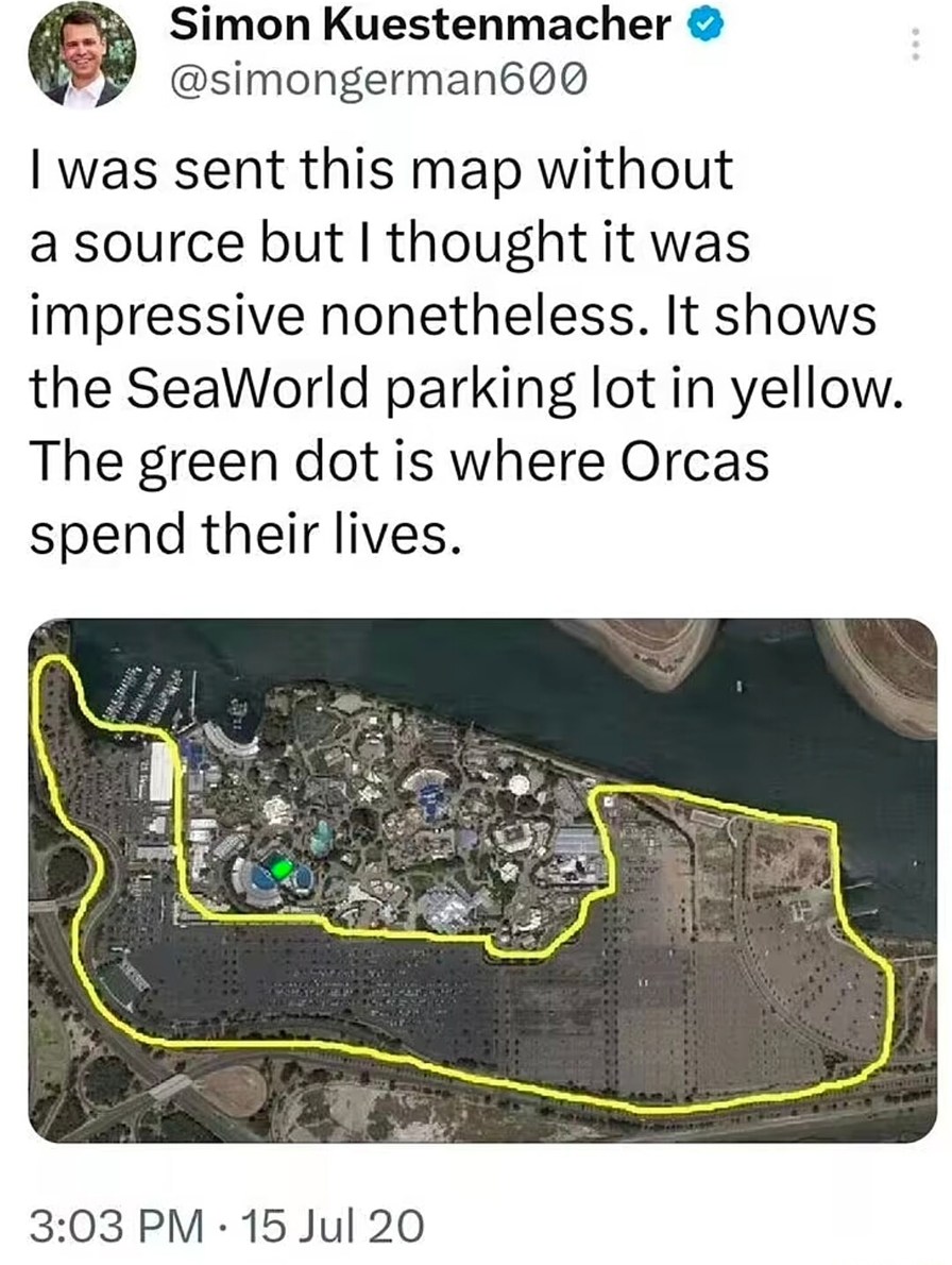 I was sent this map without a source but I thought it was impressive nonetheless. It shows the SeaWorld parking lot in yellow. The green dot is where Orcas spend their lives.