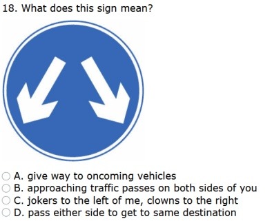 18. What does this sign mean?

[image of blue circle with two white arrows diverging downward left and downward right]

○ A. give way to oncoming vehicles
○ B. approaching traffic passes on both sides of you
○ C. jokers to the left of me, clowns to the right
○ D. pass either side to get to same destination