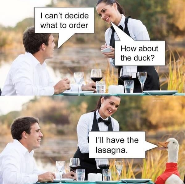 I can't decide what to order
How about the duck?
I'll have the lasagna.
