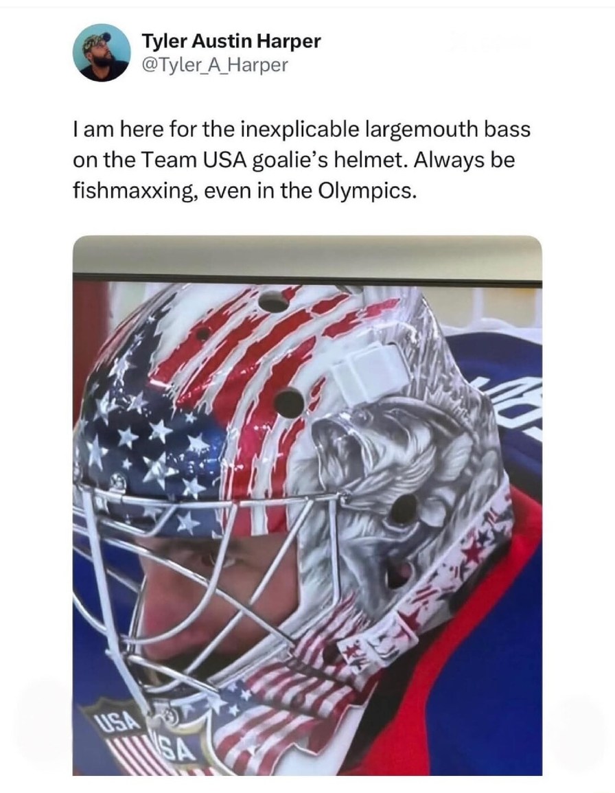 I am here for the inexplicable largemouth bass on the Team USA goalie’s helmet. Always be fishmaxxing, even in the Olympics.
