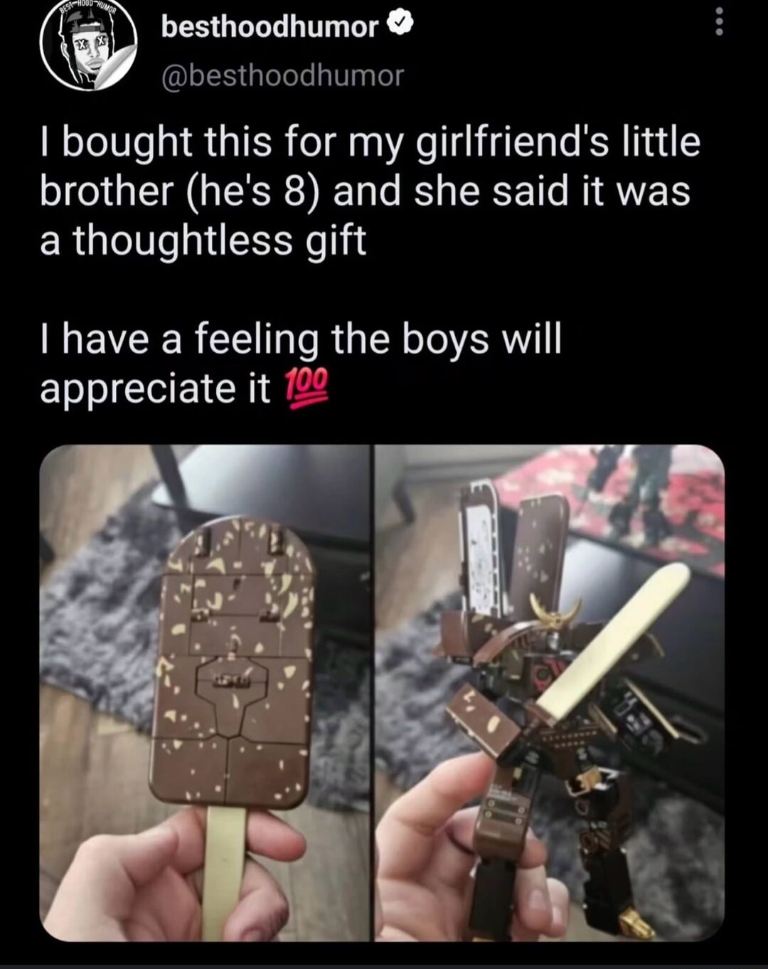 I bought this for my girlfriend's little brother (he's 8) and she said it was a thoughtless gift

I have a feeling the boys will appreciate it 💯