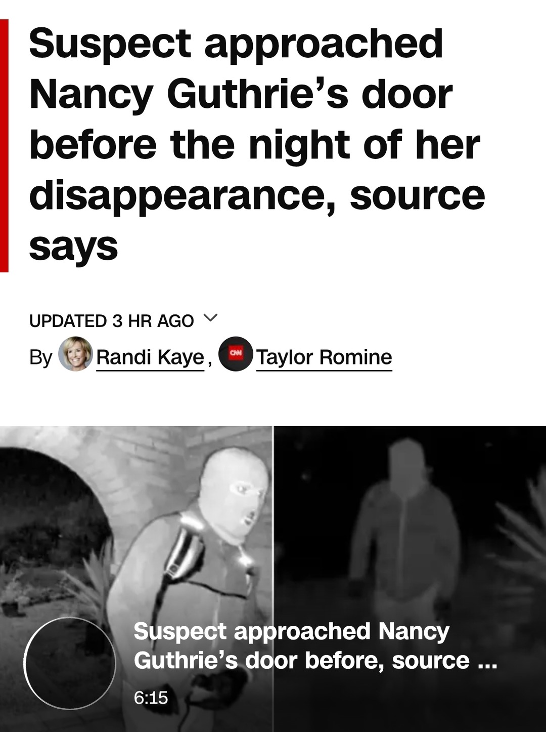 Suspect approached Nancy Guthrie’s door before the night of her disappearance, source says
UPDATED 3 HR AGO
By Randi Kaye, Taylor Romine