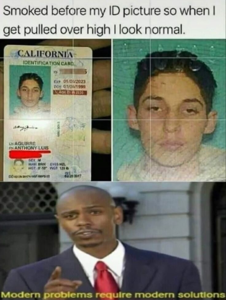 Smoked before my ID picture so when I get pulled over high I look normal. CALIFORNIA IDENTIFICATION CARD. Modern problems require modern solutions.