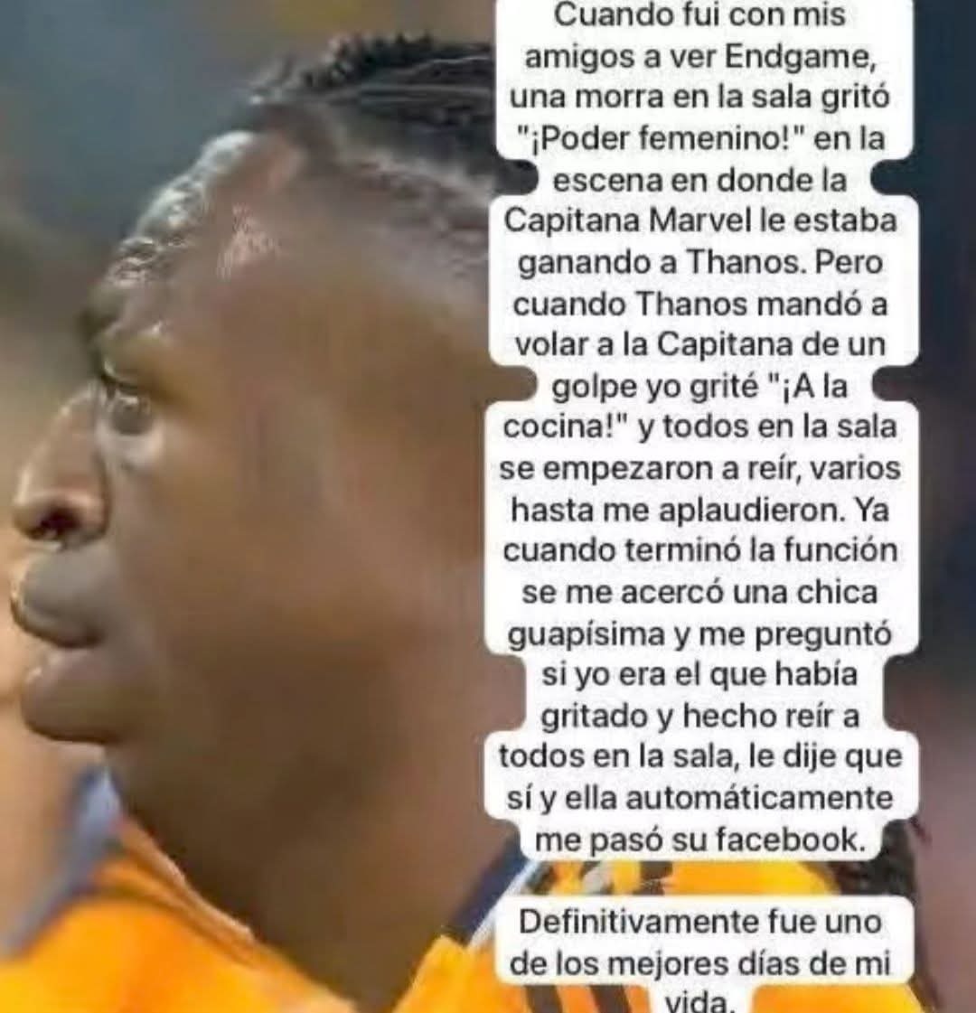 Cuando fui con mis amigos a ver Endgame, una morra en la sala gritó 'Poder femenino!' en la escena en donde la Capitana Marvel le estaba ganando a Thanos. Pero cuando Thanos mandó a volar a la Capitana de un golpe yo grité '¡a la cocina!' y todos en la sala se empezaron a reír, varios hasta me aplaudieron. Ya cuando terminó la función se me acercó 
