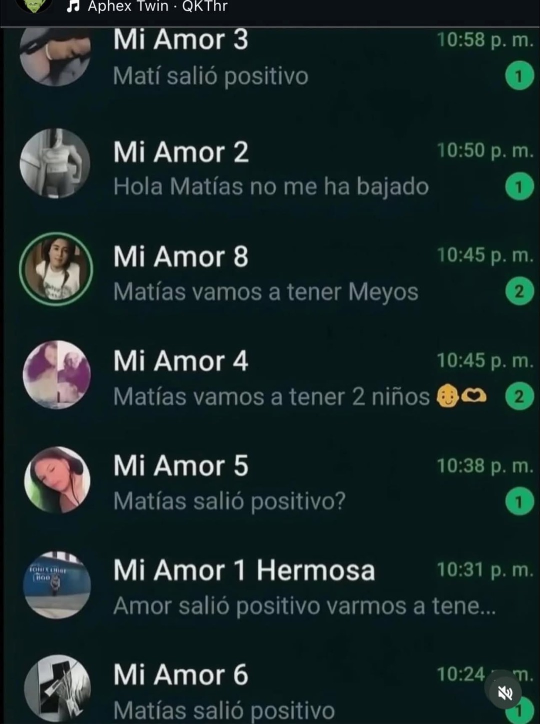 Mi Amor 3: Matí salió positivo
Mi Amor 2: Hola Matías no me ha bajado
Mi Amor 8: Matías vamos a tener Meyos
Mi Amor 4: Matías vamos a tener 2 niños
Mi Amor 5: Matías salió positivo?
Mi Amor 1 Hermosa: Amor salió positivo vamos a ten...