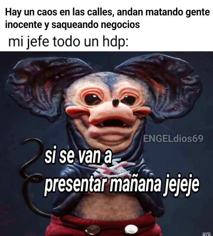 Hay un caos en las calles, andan matando gente inocente y saqueando negocios
mi jefe todo un hdp:
si se van a presentar mañana jejeje