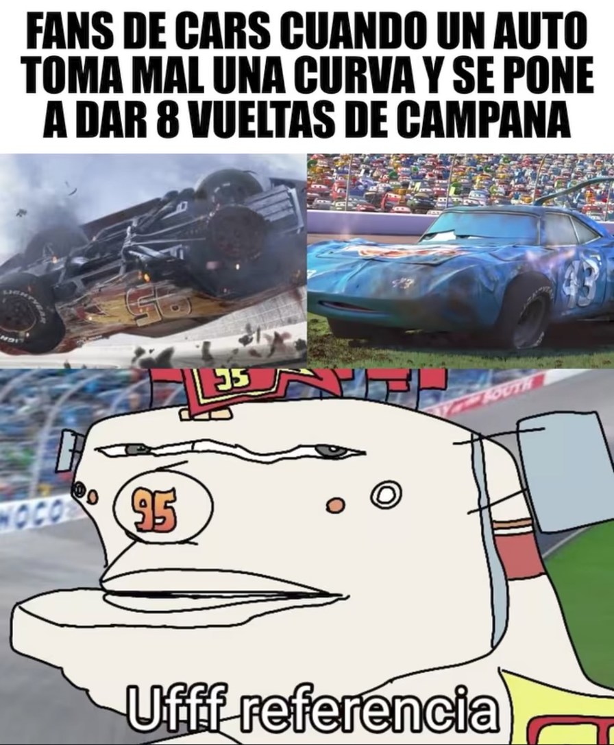 FANS DE CARS CUANDO UN AUTO TOMA MAL UNA CURVA Y SE PONE A DAR 8 VUELTAS DE CAMPAÑA
Ufff referencia