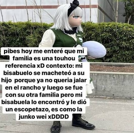 pibes hoy me enteré que mi [censurado] familia es una touhou referencia xD contexto: mi bisabuelo se macheteó a su hijo porque ya no quería jalar en el rancho y luego se fue con su otra familia pero mi bisabuela lo encontró y le dio un escopetazo, es como la junko wei xDDDD