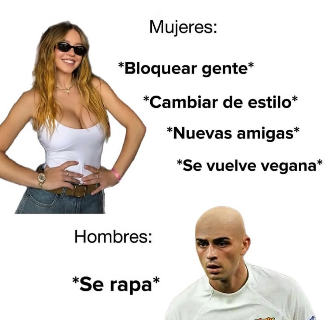Mujeres: *Bloquear gente* *Cambiar de estilo* *Nuevas amigas* *Se vuelve vegana* 
Hombres: *Se rapa*
