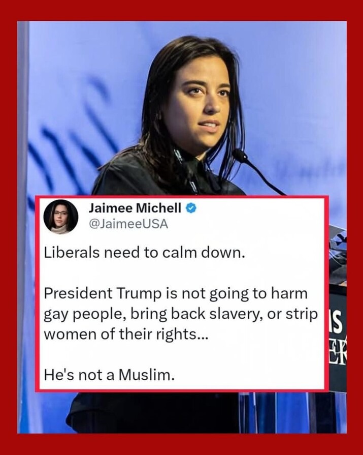 Liberals need to calm down. President Trump is not going to harm gay people, bring back slavery, or strip women of their rights... He's not a Muslim.