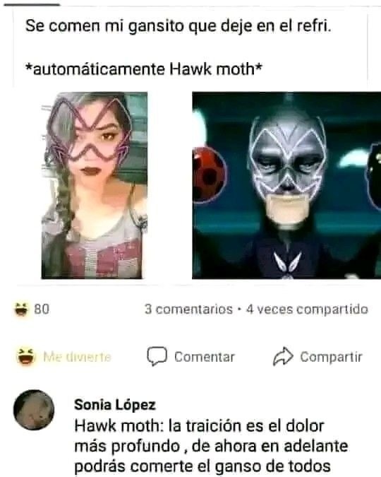 Se comen mi gansito que deje en el refri.
*automáticamente Hawk moth*
Hawk moth: la traición es el dolor más profundo , de ahora en adelante podrás comerte el ganso de todos