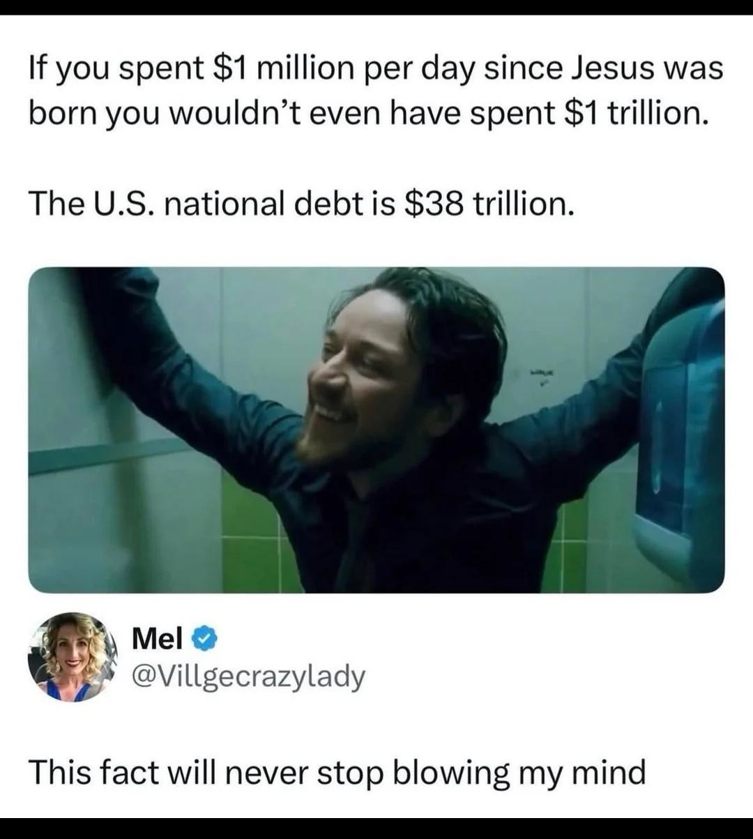 If you spent $1 million per day since Jesus was born you wouldn’t even have spent $1 trillion. The U.S. national debt is $38 trillion. This fact will never stop blowing my mind