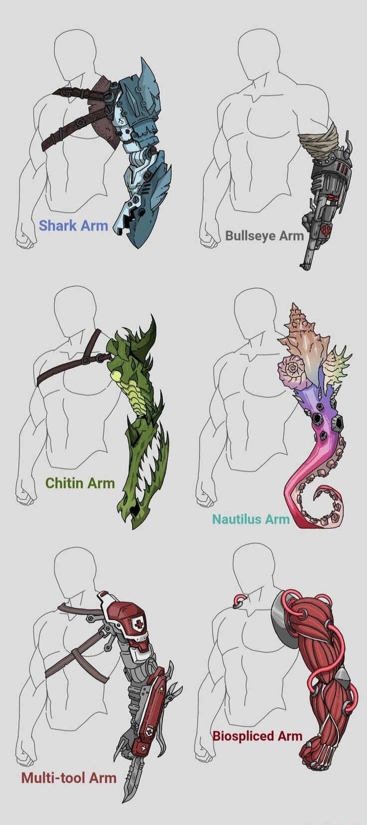 Shark Arm, Bullseye Arm, Chitin Arm, Nautilus Arm, Multi-tool Arm, Biosliced Arm