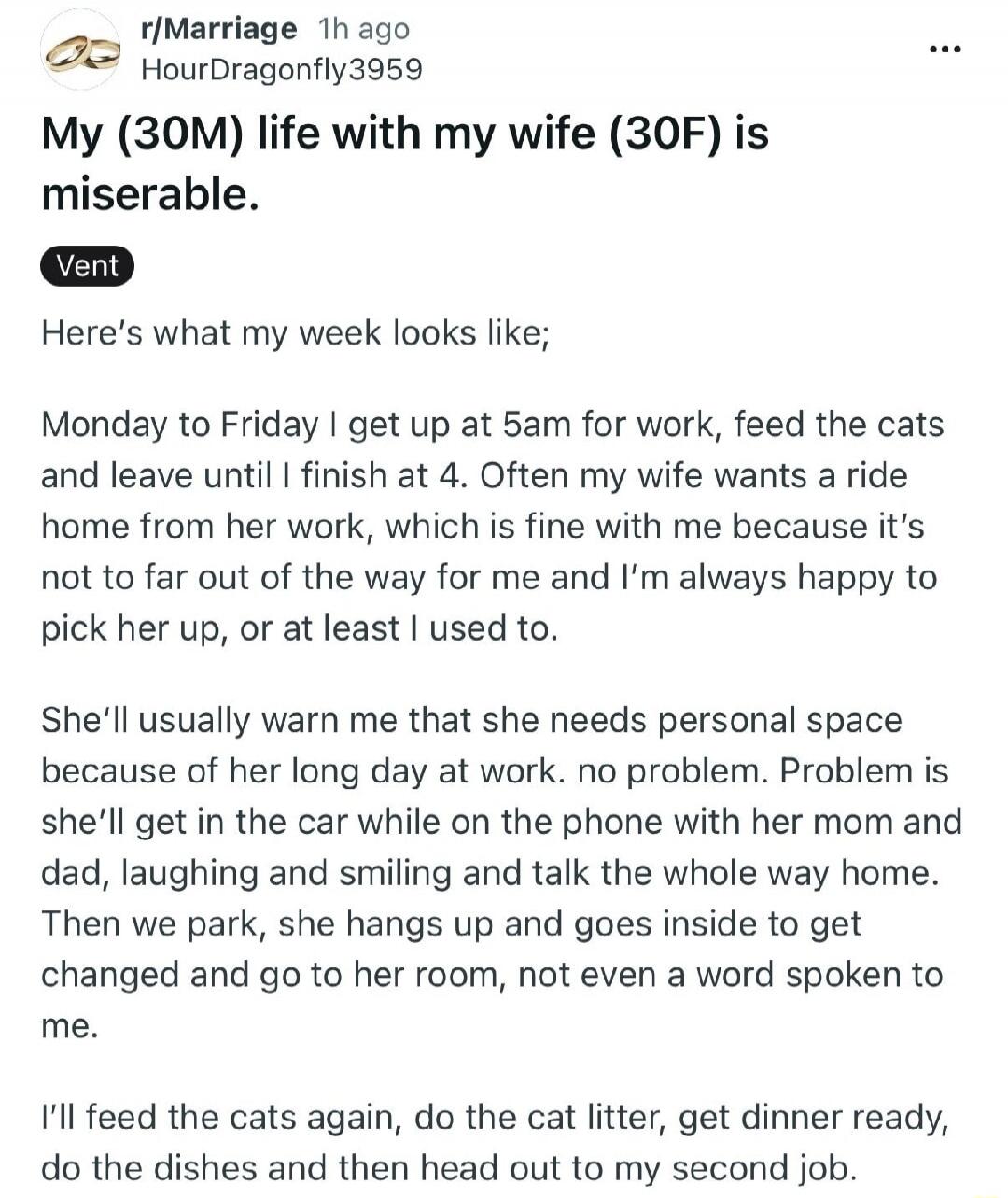 My (30M) life with my wife (30F) is miserable.
Vent
Here's what my week looks like;

Monday to Friday I get up at 5am for work, feed the cats and leave until I finish at 4. Often my wife wants a ride home from her work, which is fine with me because it's not too far out of the way for me and I’m always happy to pick her up, or at least I used to.


