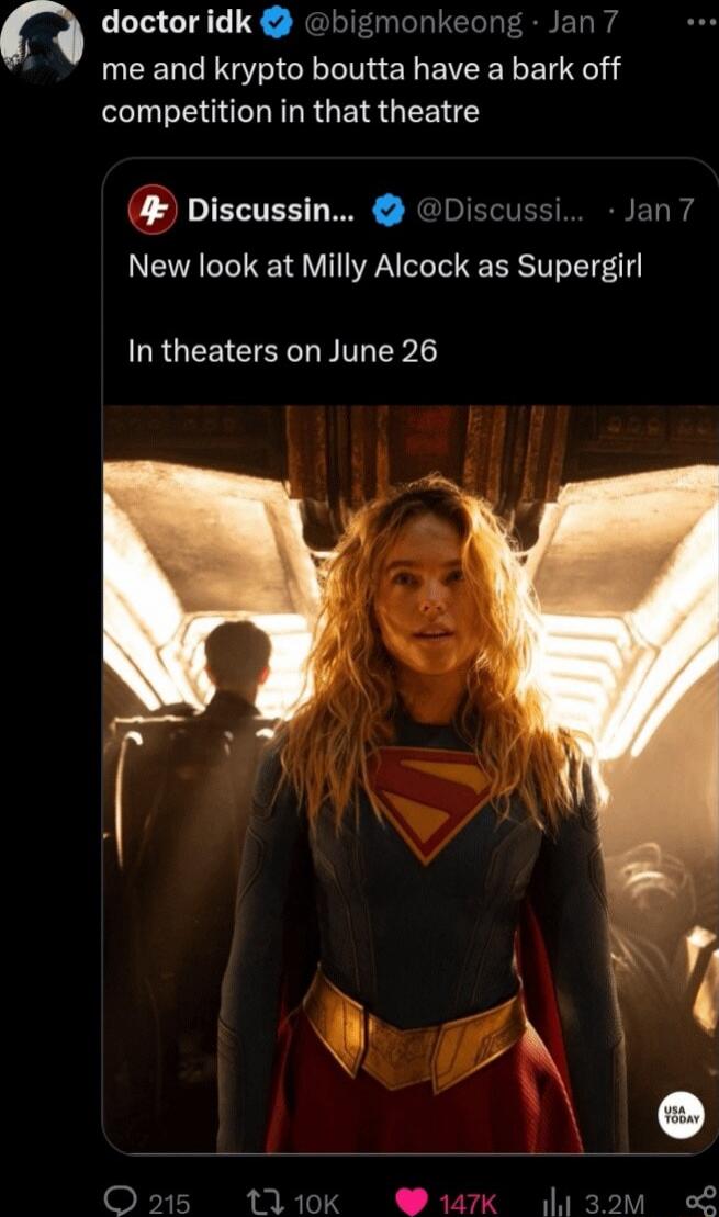 me and krypt0 boutta have a bark off competition in that theatre
New look at Milly Alcock as Supergirl
In theaters on June 26