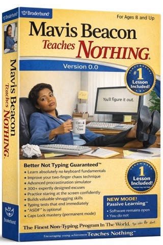Mavis Beacon Teaches NOTHING Version 0.0 Better Not Typing Guaranteed* Learn absolutely no keyboard fundamentals Improve your two-finger chaos technique Advanced procrastination simulator 300+ expertly designed excuses Practice staring at the screen confidently Bits of sarcasm: 'ASDF' is optional* The Finest Non-Typing Program In The World