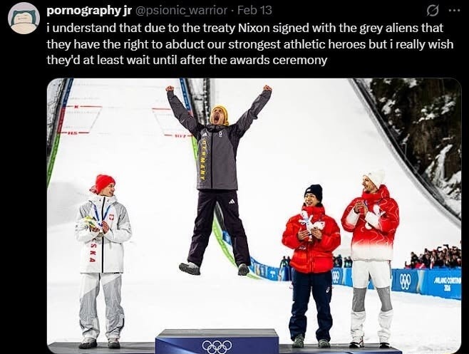 i understand that due to the treaty Nixon signed with the grey aliens that they have the right to abduct our strongest athletic heroes but i really wish they'd at least wait until after the awards ceremony