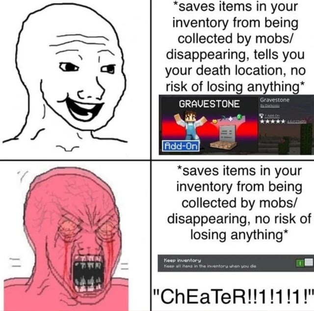 *saves items in your inventory from being collected by mobs/ disappearing, tells you your death location, no risk of losing anything*

*saves items in your inventory from being collected by mobs/ disappearing, no risk of losing anything*

