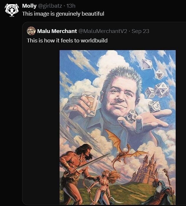 Molly @girlbatz 13h This image is genuinely beautiful Malu Merchant @MaluMerchantV2 - Sep 23 This is how it feels to worldbuild This image is genuinely beautiful