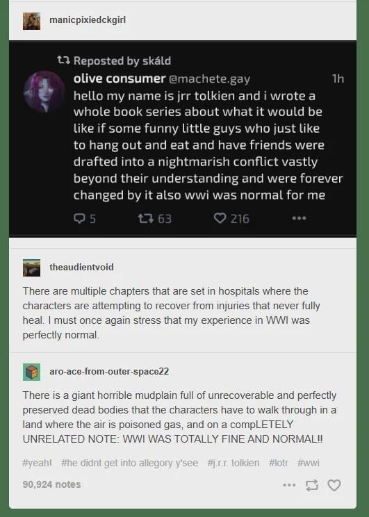 hello my name is jrr tolkien and i wrote a whole book series about what it would be like if some funny little guys who just like to hang out and eat and have friends were drafted into a nightmarish conflict vastly beyond their understanding and were forever changed by it also wwI was normal for me

There are multiple chapters that are set in hospit