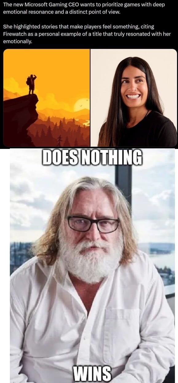 The new Microsoft Gaming CEO wants to prioritize games with deep emotional resonance and a distinct point of view. She highlighted stories that make players feel something, citing Firewatch as a personal example of a title that truly resonated with her emotionally.
DOES NOTHING
WINS